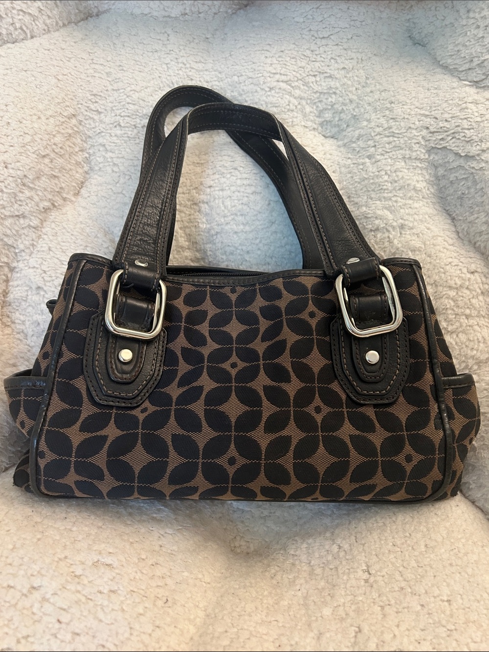 Fossil Brown Patterned Canvas Tote Handbag with Black Leather Trim